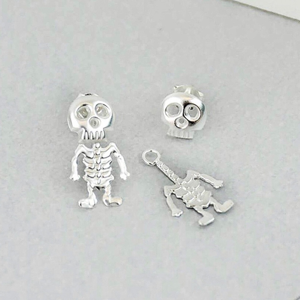Any 2/$20! Silver Skull Studs w/Skeleton Jacket Backs Earrings - Picture 2 of 4